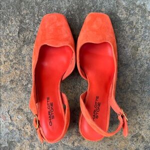 Charlotte Stone Bright Orange Suede Square-Toe Slingbacks